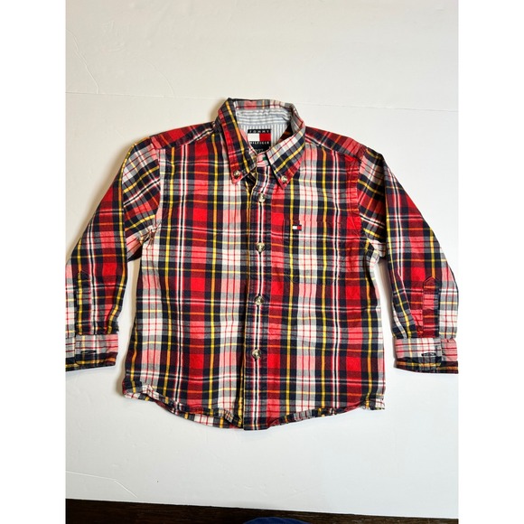 Tommy Hilfiger Plaid Button Down Shirt Long Sleeve Red Yellow Boys Size 2T - Picture 2 of 5